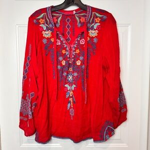 Johnny Was Margot Embroidered Red Blouse, Size PL, EUC